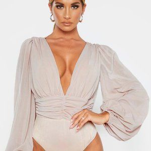 Nude Mesh Ruched Waistband Bodysuit